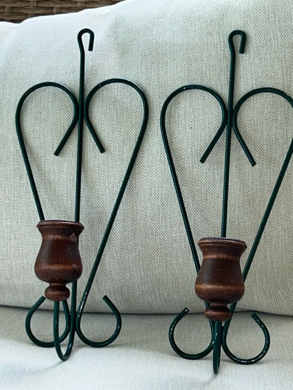 Vintage Style Green Metal & Wood Wall Candle Holders - Set of 2